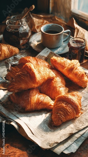 Freshly Baked Croissants and Coffee Served on a Rustic Table With Jam