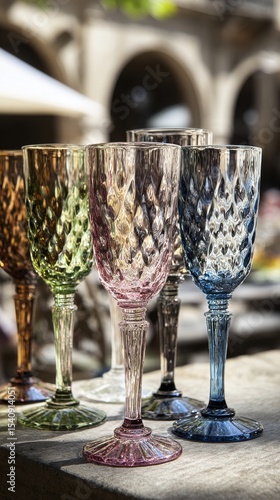 Elegant Vintage Glassware Displayed on a Table Outdoors at a Sunny Gathering.