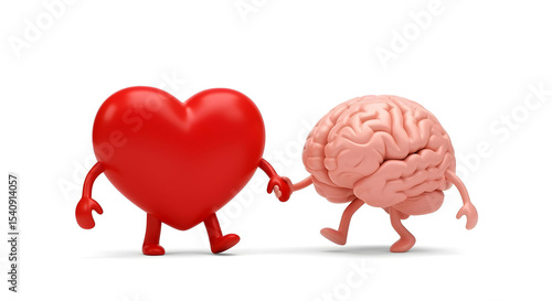 Cartoon brain and heart walking hand in hand – harmony between thinking and feeling