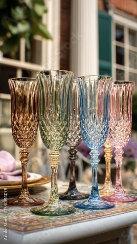 Elegant Vintage Glassware Displayed on a Table Outdoors at a Sunny Gathering