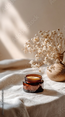 Amber Jar Stands out on Neutral Surface With Shadows and Dried Flowers in a C...