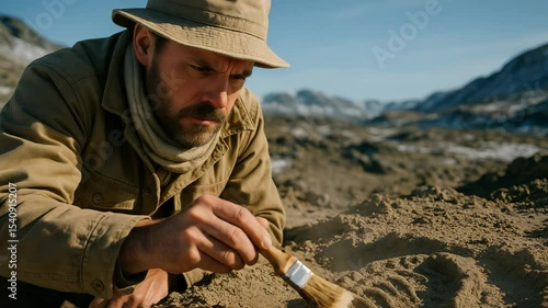 Focused archaeologist meticulously brushes away dirt and debris, revealing a buried artifact during an archaeological dig in a remote desert area with mountains in the background