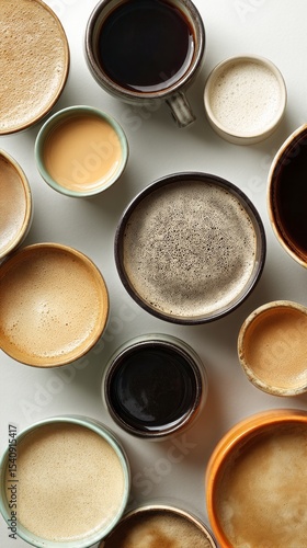 Different Coffee Types Arranged in Various Cups on a Table Showing Brewing St...