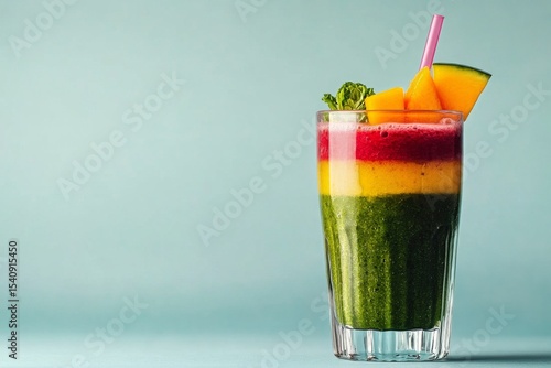Colorful Fruit Smoothie With Layers of Flavors and Fresh Garnish on a Pastel ...