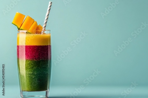 Refreshing Layered Fruit Smoothie Served in a Tall Glass on a Bright Background.