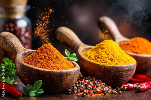 Colorful Spices Arranged in Wooden Bowls on a Dark Background for Culinary In...