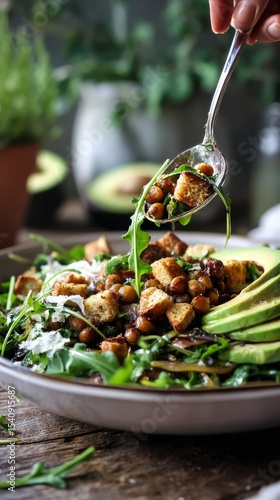 Fresh Salad With Chickpeas and Greens Served in a Rustic Bowl at a Cozy Kitch...