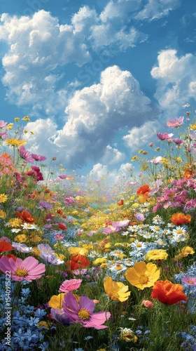 Vibrant Wildflower Meadow Under a Clear Blue Sky With Fluffy Clouds on a Sunn...