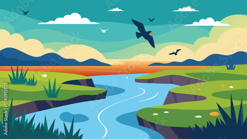 Scenic landscape with birds flying over a serene river and lush green hills