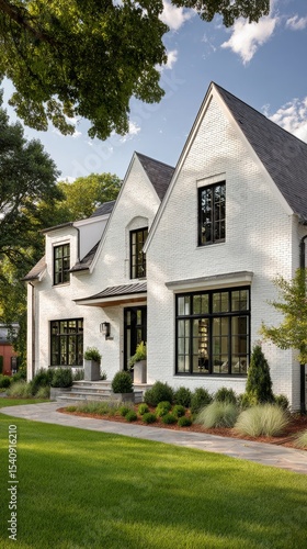 Beautiful Modern Home With Large Windows and Lush Landscaping in Afternoon Su...