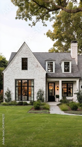 Charming White Brick House With Large Windows and Green Front Yard at Sunset