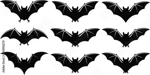 Big Brown Bat Halloween Silhouette Set – 10 Clean Flying Poses, Vampire Bat Silhouette Pack – Spooky Clean Vector Halloween Clipart, Long-eared Bat Halloween Silhouettes – Minimalist Vector Set