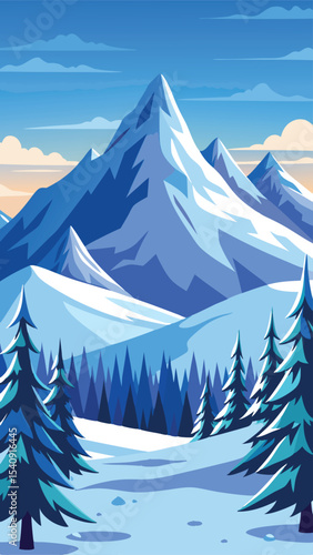 Scenic winter mountain landscape illustration with snow capped peaks and evergreen trees