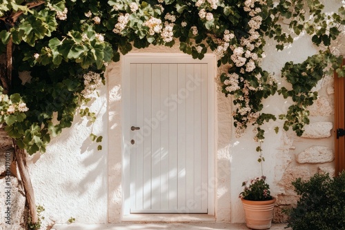 Charming White Door Framed by Blooming Vines in a Coastal Town