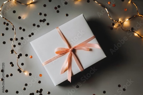 Gift Box Wrapped in White Paper With Pink Ribbon Among Scattered Confetti and...