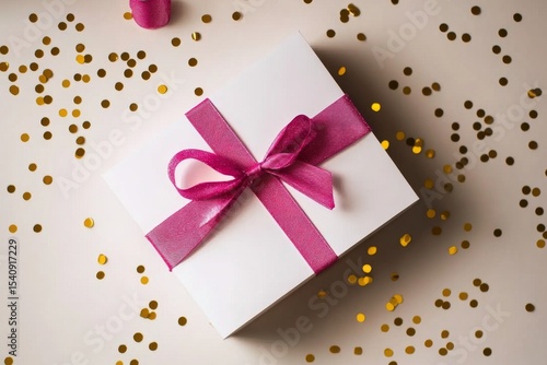 Gift Box Wrapped in White Paper With Pink Ribbon Among Scattered Confetti and...
