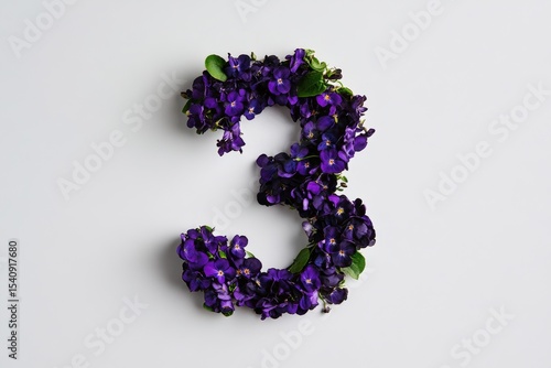 Purple Flowers Shaped as the Number Three on a White Background for Decorativ...