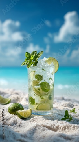 Refreshing Mojito Cocktail on Sandy Beach With Clear Blue Water and Clouds in...