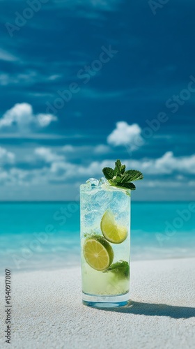Refreshing Mojito Cocktail on Sandy Beach With Clear Blue Water and Clouds in...