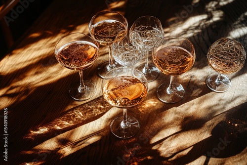 Elegant Cocktail Glasses Arranged on Wooden Table With Light Reflections in C...