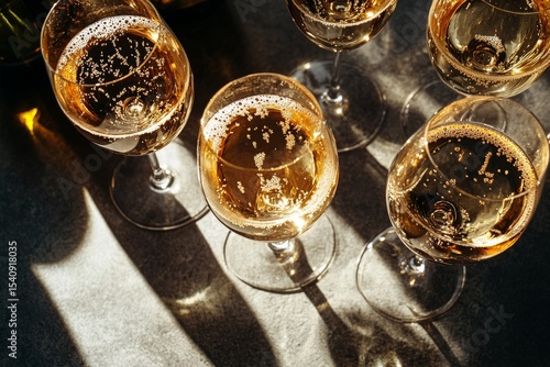 Elegant Cocktail Glasses Arranged on Wooden Table With Light Reflections in C...