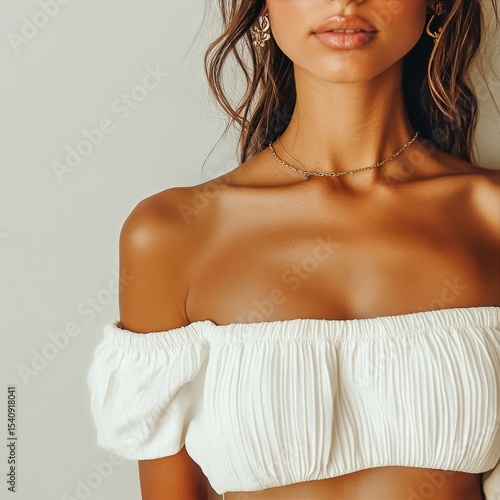Elegant Young Woman Wears Off-Shoulder Top and Gold Accessories in Bright Stu...