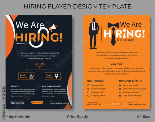 hiring, recruitment, job, employment, flyer, template, design, advertisement, poster, announcement, opening, application, vacancies, available, join our team, company, corporate, business, orange, bla