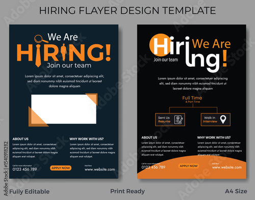 Hiring, recruitment, job, employment, flyer, template, design, announcement, career, work, apply, application, join our team, business, corporate, modern, creative, advertisement, advertising, vacancy