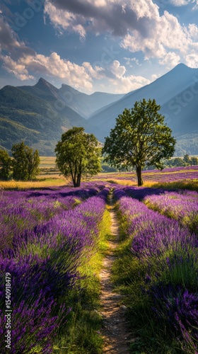 Lavender Field Pathway With Mountains in the Background During Golden Hour