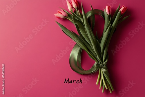 Colorful Bouquet of Tulips With Pink Background Celebrating the Arrival of March