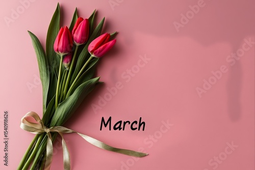Colorful Bouquet of Tulips With Pink Background Celebrating the Arrival of Ma...