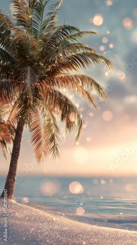 Serene Palm Tree on Sandy Beach During Sunset With Glimmering Water Reflections