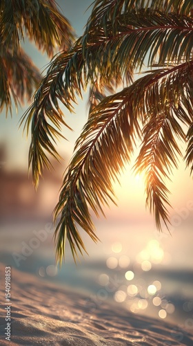 Sunset Over Beach With Palm Trees and Ocean Waves in Tropical Paradise.