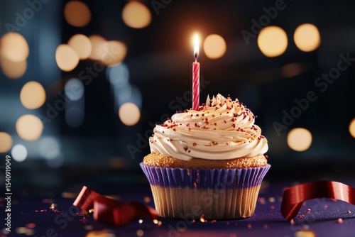Celebration Cupcake With Candle Lit on a Dark Background Surrounded by Confetti.