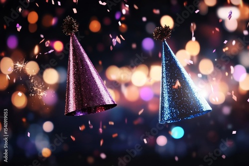 Colorful Party Hats With Confetti and Light Bokeh for Festive Celebration