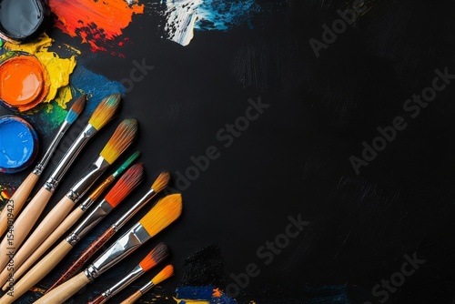 Assorted Paint Brushes and Vibrant Colors Arranged on a Dark Surface in an Ar...