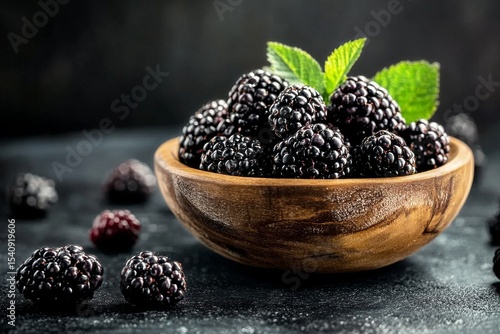 Fresh Blackberries in a Wooden Bowl With Mint Leaves on a Dark Background