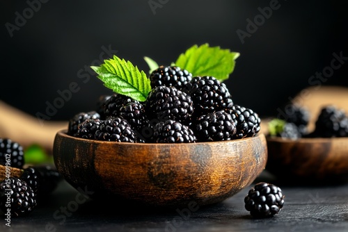 Fresh Blackberries in a Wooden Bowl With Mint Leaves on a Dark Background.