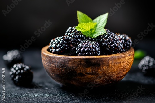 Fresh Blackberries Served in a Wooden Bowl With Mint Leaves on a Dark Background