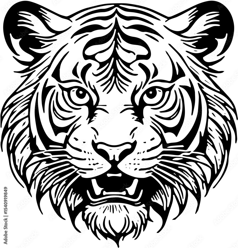 Fototapeta premium Tiger head tattoo, black and white tribal vector illustration