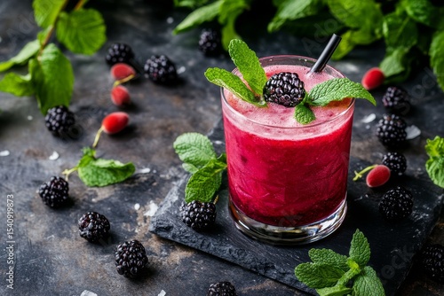 Refreshing Fruit Cocktail With Mint and Blackberries on a Dark Background