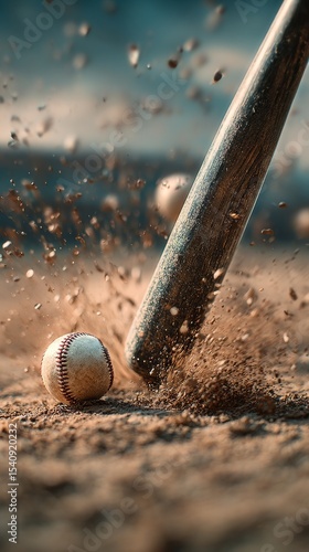 Baseball Bat Strikes Ball in Action on a Dusty Field During Sunset