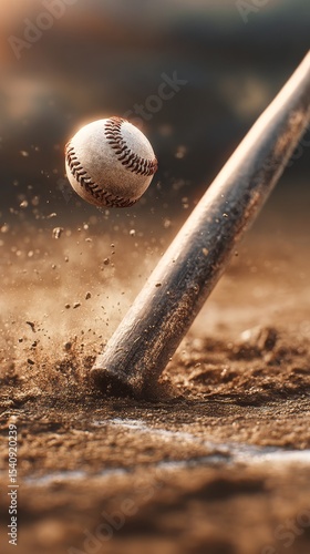 Baseball Bat Strikes Ball in Action on a Dusty Field During Sunset.