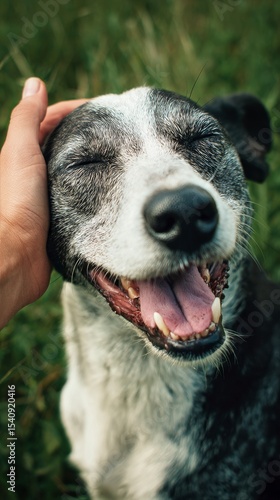 Happy Dog Enjoying Affection in a Grassy Field on a Sunny Day With a Joyful E...