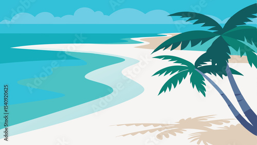Tropical beach scene with palm trees turquoise water and sandy shore vector illustration