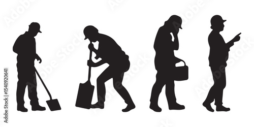 Silhouettes set of workers with helmets. Vector flat style illustration isolated on white