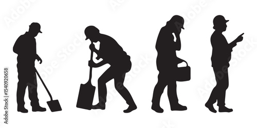 Silhouettes set of workers with helmets. Vector flat style illustration isolated on white