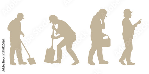 Silhouettes set of workers with helmets. Vector flat style illustration isolated on white