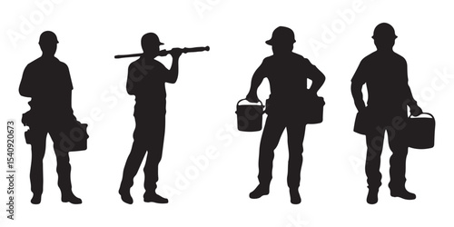 Silhouettes set of workers with helmets. Vector flat style illustration isolated on white