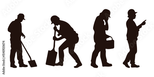 Silhouettes set of workers with helmets. Vector flat style illustration isolated on white